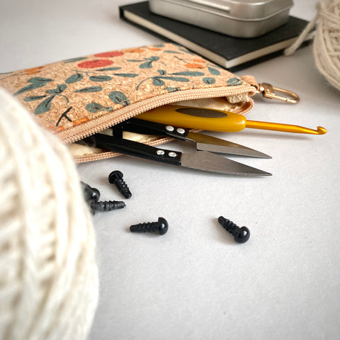 Small Cork Pouch . with Zipper & mini Carabiner Clip