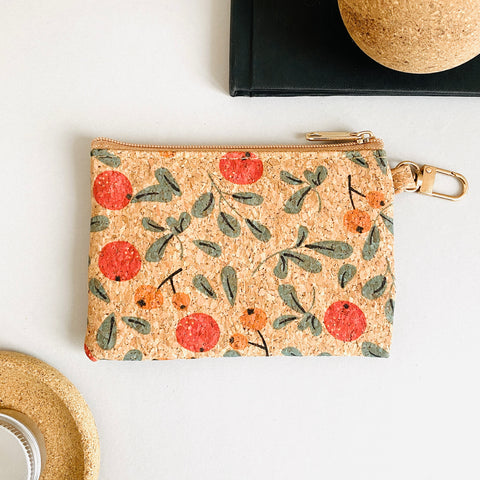 Small Cork Pouch . with Zipper & mini Carabiner Clip