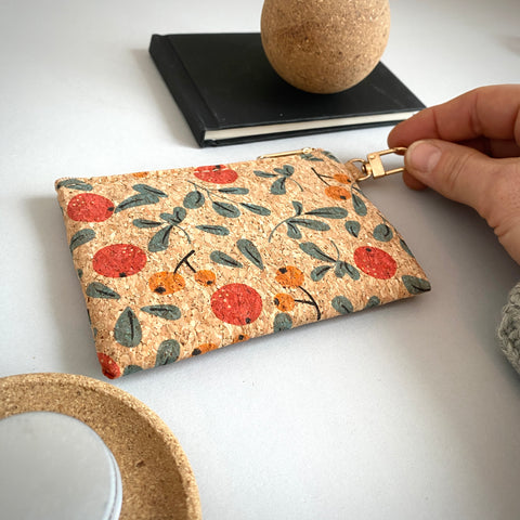 Small Cork Pouch . with Zipper & mini Carabiner Clip