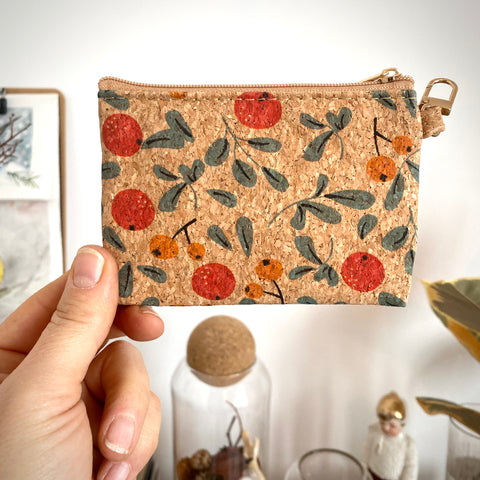 Small Cork Pouch . with Zipper & mini Carabiner Clip