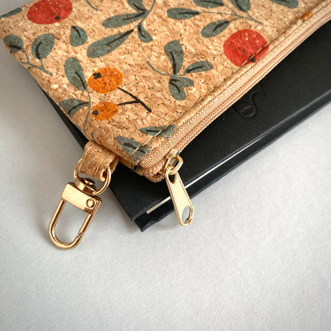 Small Cork Pouch . with Zipper & mini Carabiner Clip