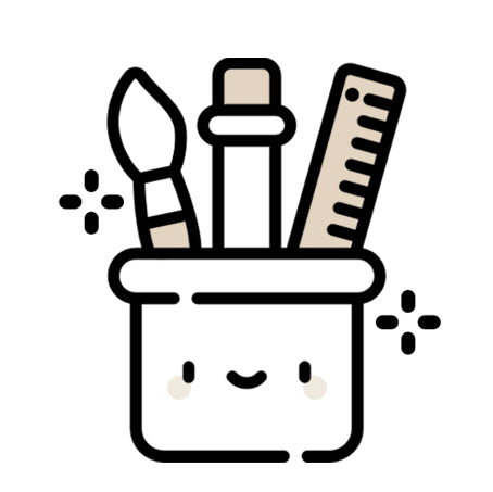 an illustration of a smiling pencil box with a brush, a pencil and a ruler inside